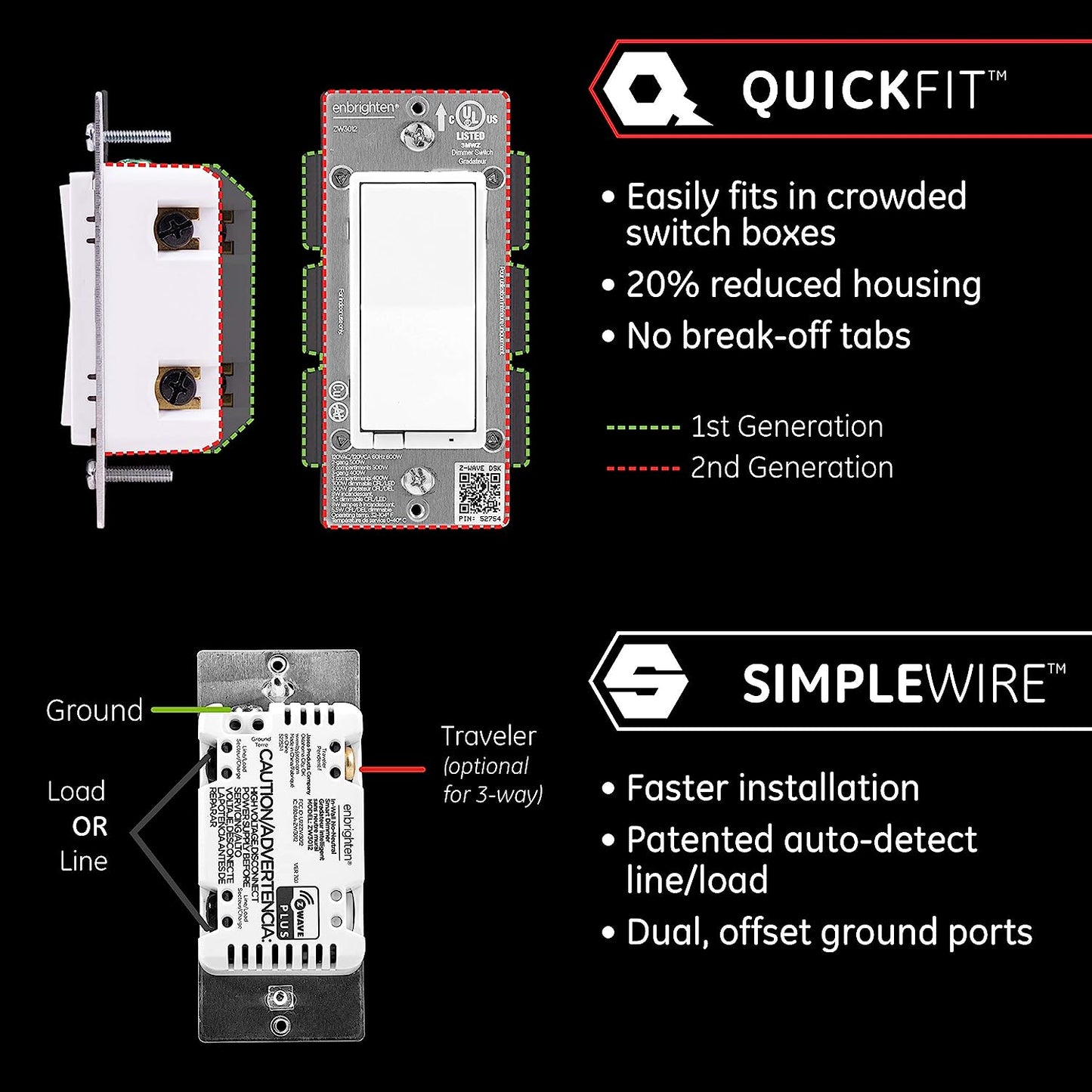 Jasco Zwave Plus In Wall Dimmer 46564 for incandescent, LED, CFL with QuickFit, SimpleWire