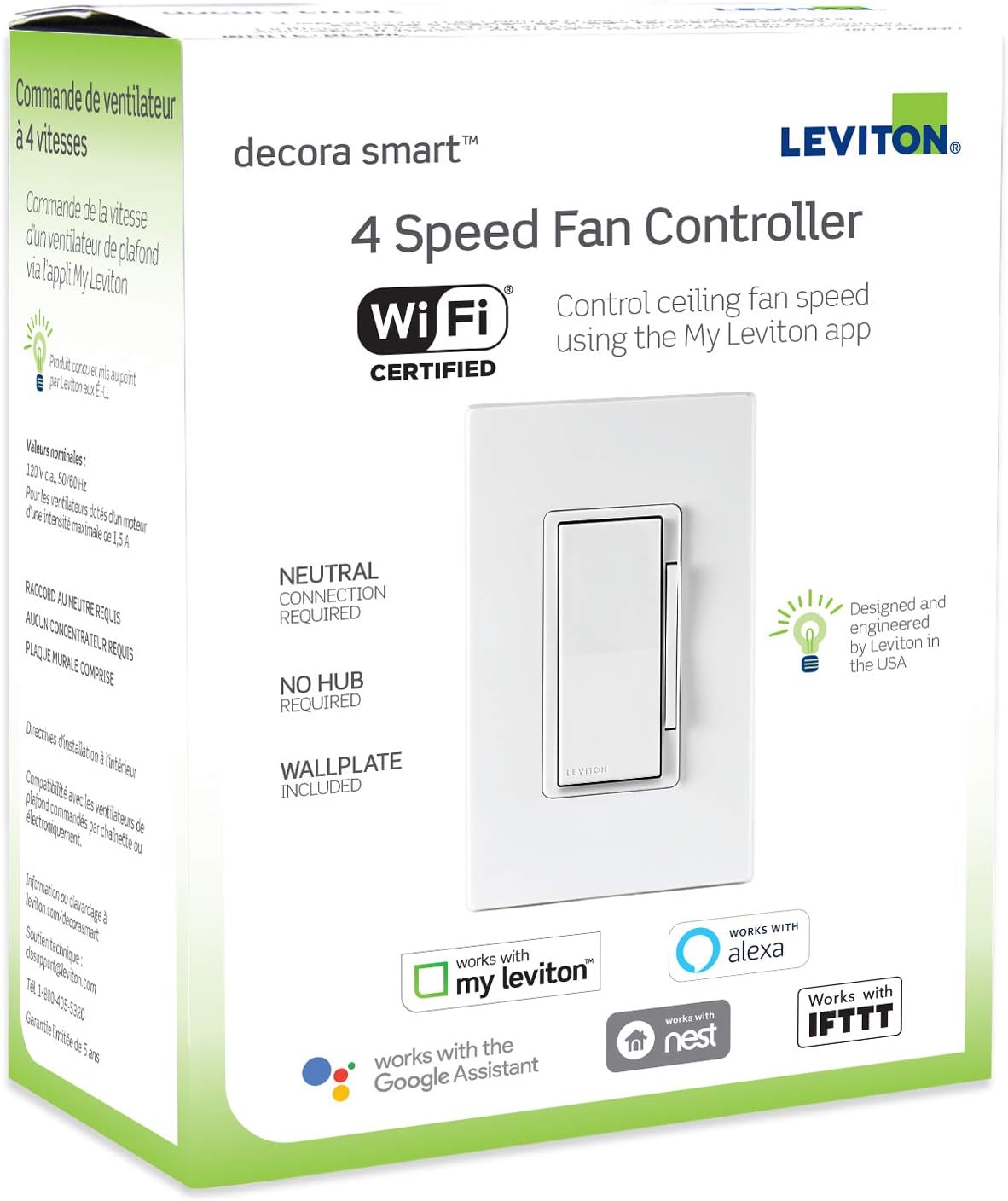 Leviton DW4SF-1BW Decora Smart WiFi Fan Speed Controller